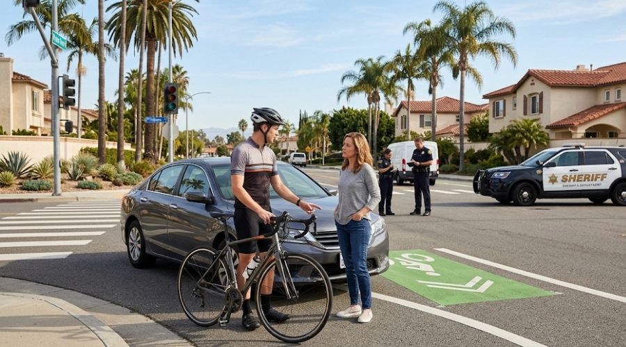 Cyclist and driver discussing responsibility after a traffic collision