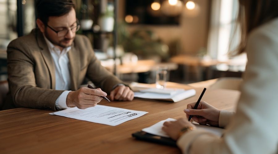  A calm attorney-client consultation: two people at
     a conference table, one reviewing a QME panel notice
     and a preparation checklist, the other taking notes.
     Warm office lighting, no faces clearly identifiable.