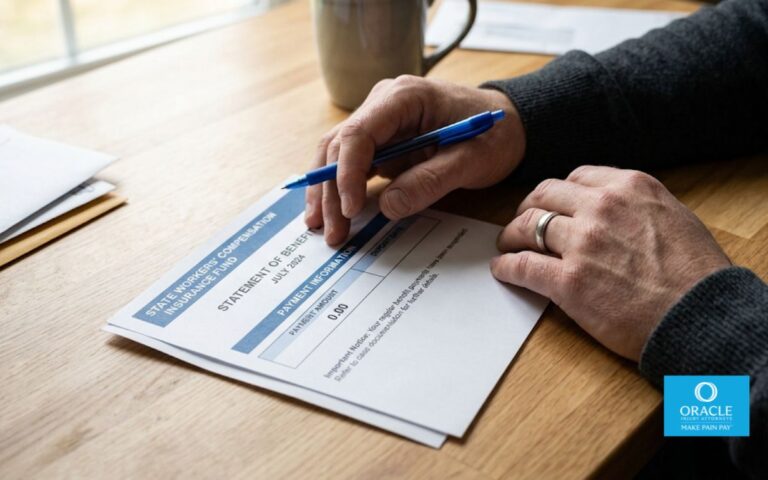 Una persona sentada en la cocina o en el escritorio de su casa, mirando un aviso de pago de compensación laboral o un extracto bancario vacío que no muestra ningún depósito, con expresión preocupada; solo se ven sus manos y el documento. Iluminación tenue en el interior; no se ve su rostro. Representa el momento en que se interrumpen los beneficios y surge de inmediato la pregunta de por qué.