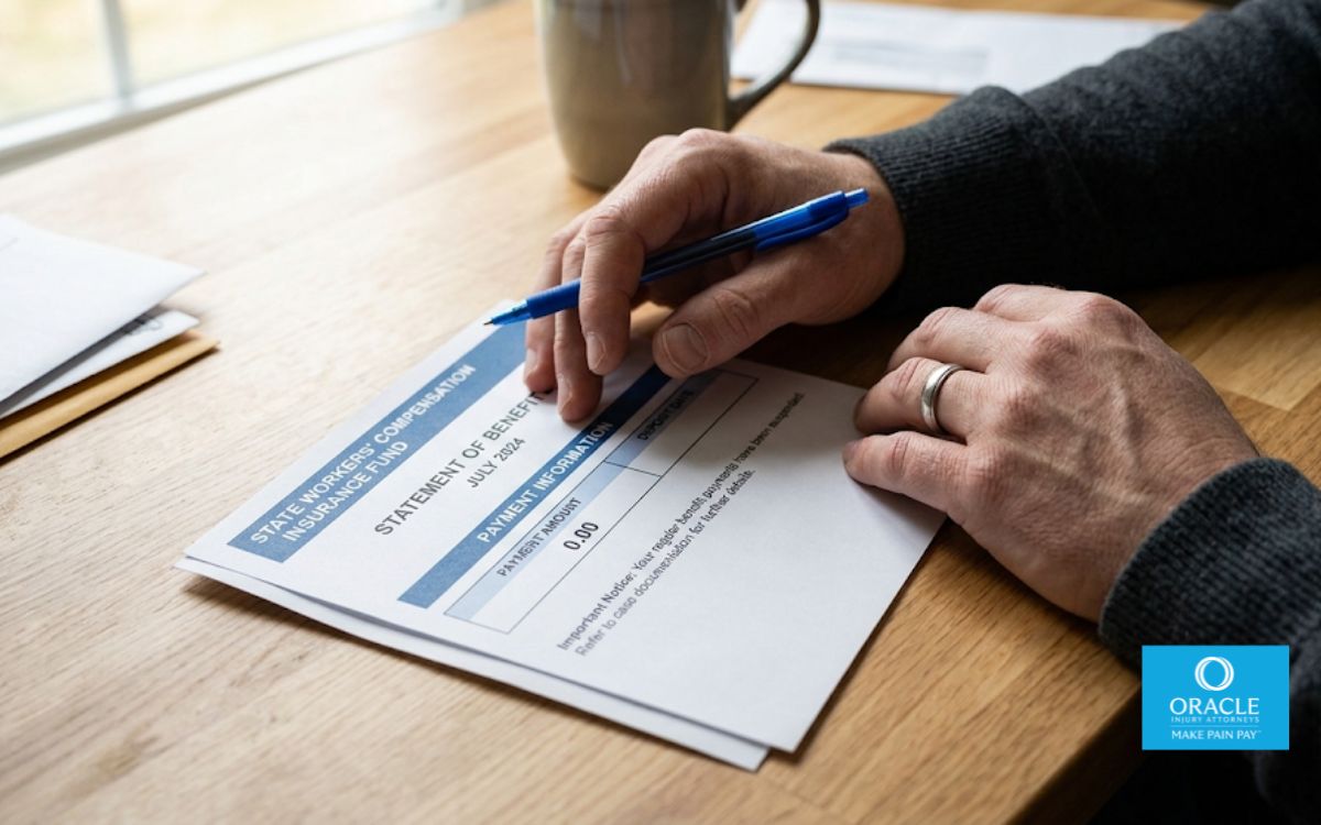 A person sitting at a kitchen or home desk looking at an empty workers' comp payment notice or bank statement showing no deposit, concerned expression, only hands and document visible. Soft indoor lighting, no face. Represents the moment benefits stop and the immediate question of why arises.