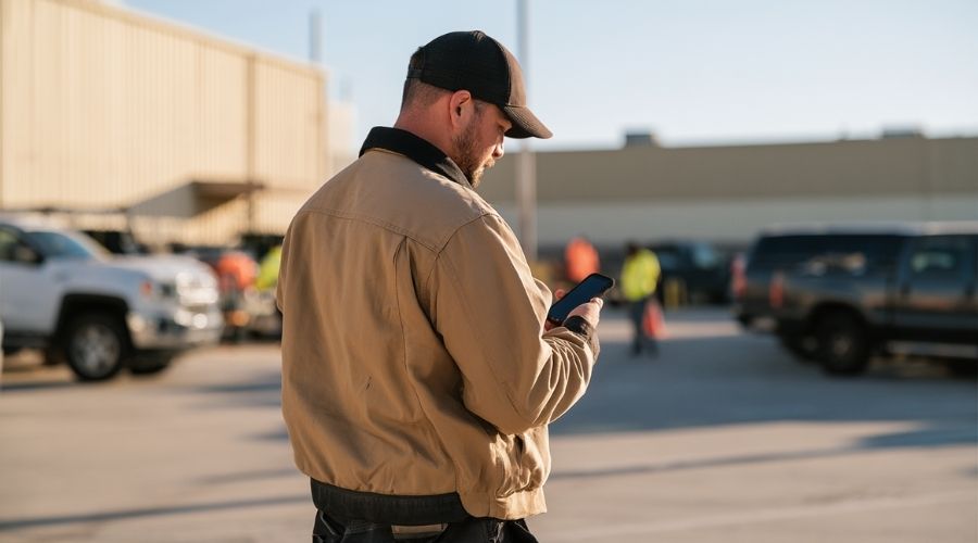 How Long Do You Have to Report a Work Injury in California? 3 A person in work clothes looking at their phone in a parking lot outside a workplace, seen from behind, no face visible. Daylight. Represents the moment an injured worker considers whether to report after being discouraged by an employer — and the legal protection that makes reporting safe.