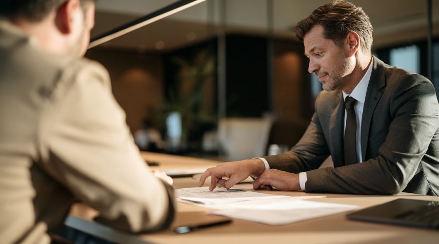 Anaheim Hospitality Workers: Injuries on the Job 3 Photorealistic professional law-firm editorial photograph of a private attorney-client consultation. An adult hospitality worker wearing a generic hotel or restaurant uniform sits across a modern conference table from a workers' compensation attorney in professional business attire. The attorney is calmly reviewing a generic workers' compensation claim form with the client, pointing to a section of the document while listening attentively. Both people are shown naturally with faces either outside the focal plane or partially turned away, avoiding identifiable real-person characteristics. Warm contemporary office lighting, subtle law-office environment, realistic documents, laptop and pen on the table, approachable and trustworthy atmosphere, authentic human interaction, premium legal-services photography, no logos, no readable personal information, no text, no watermark.