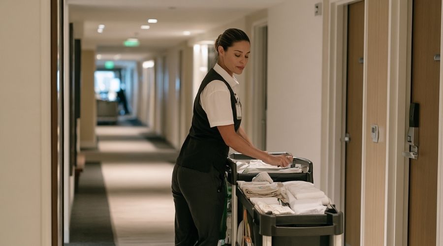 Anaheim Hospitality Workers: Injuries on the Job 1 Photorealistic documentary-style photograph inside a modern Anaheim hotel corridor, an adult hotel housekeeper in a generic professional uniform pushing a fully loaded linen and housekeeping cart down a long hallway. The worker is shown from behind and slightly from the side, face not identifiable. The cart contains folded towels, linens and ordinary housekeeping supplies. Realistic hotel doors, carpet, housekeeping equipment and soft overhead corridor lighting. The composition should subtly communicate the physical demands of pushing, lifting and repetitive housekeeping work without showing an actual injury. Natural posture, authentic proportions, realistic hands and equipment, restrained professional color grading, high-end editorial photography, no logos, no text, no watermark.