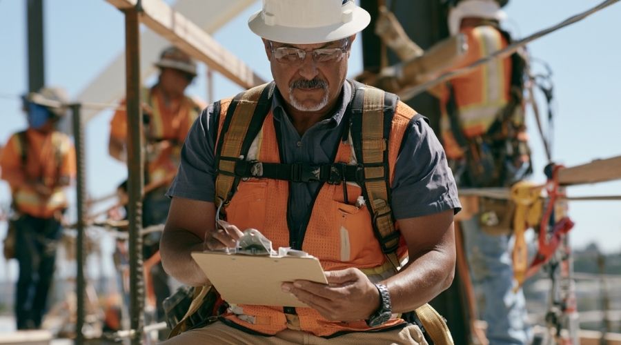 Safety inspector examining fall protection at a construction site