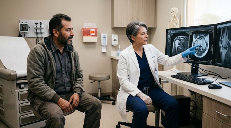 Physician reviewing shoulder and knee MRI scans with an injured worker.