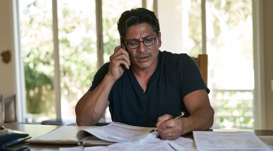 Injured worker documenting a call with a claims administrator while reviewing payment records.