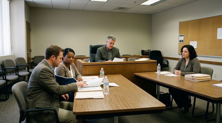 Workers’ compensation judge meeting with both sides at an Orange County hearing