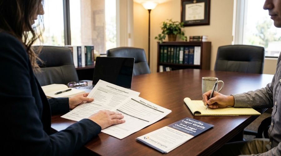 Inland Empire heat illness workers comp attorney — attorneyand client reviewing Cal/OSHA report and workers comp claim at aconference table