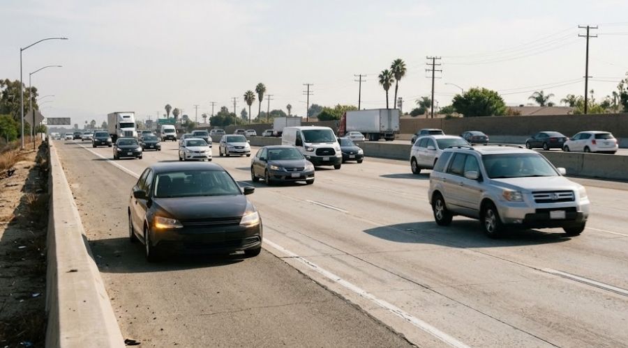 Un conductor se aparta de un vehículo averiado en el arcén de una autopista de California.