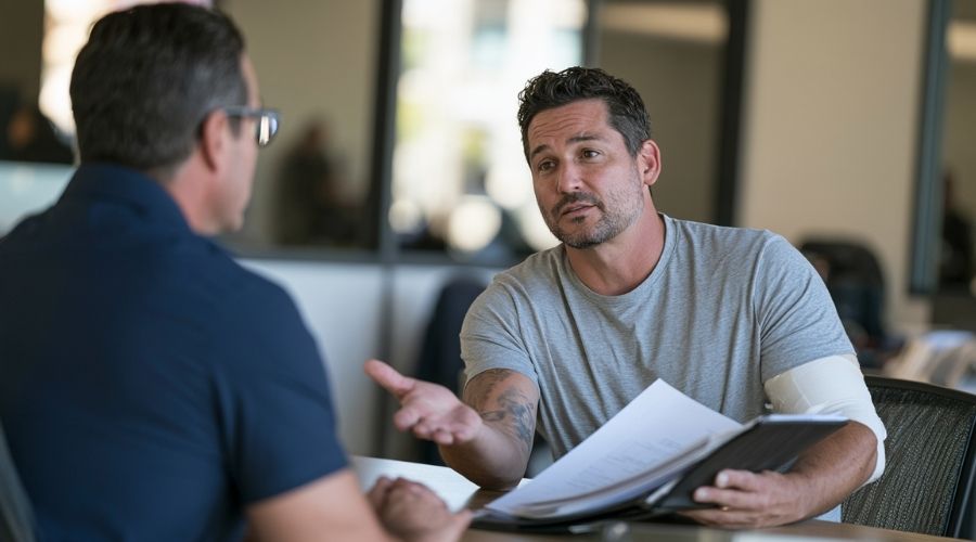 Empleado discutiendo una reclamación de indemnización laboral con un supervisor.