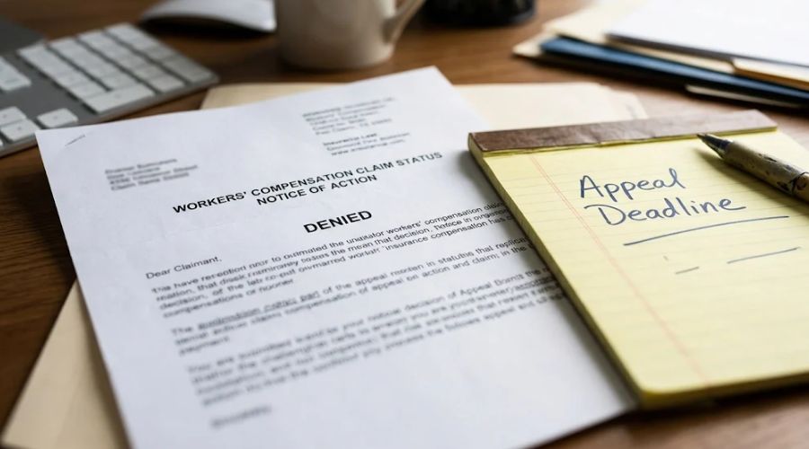 Abogado de compensación laboral en el condado de Orange: ¿Cuándo llamar? 1 Reclamación de compensación laboral denegada en el condado de Orange: carta de denegación impresa sobre un escritorio con fecha límite de apelación anotada en un bloc de notas.