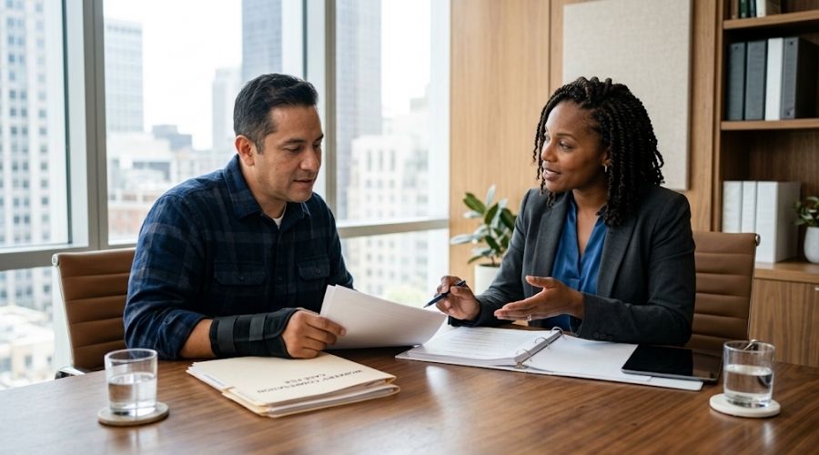 Returning to Work After Injury: Modified Duty and Your Rights 3 Injured California worker discussing a workers compensation claim with an attorney