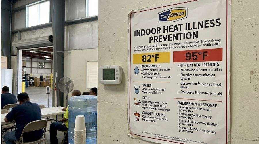Cal/OSHA indoor heat illness prevention poster in a warehouse break room setting