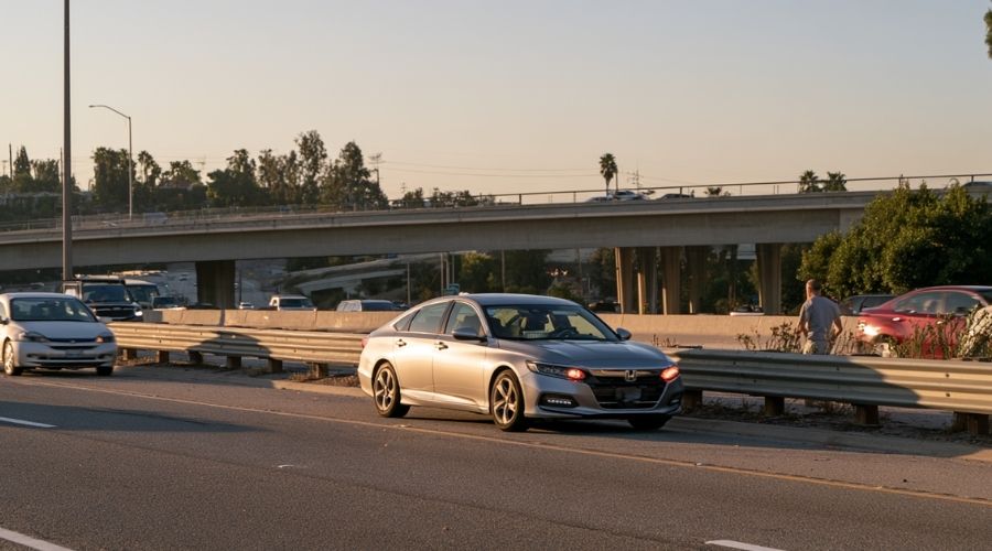 Disabled sedan with hazard lights on the shoulder of a California freeway as traffic passes.