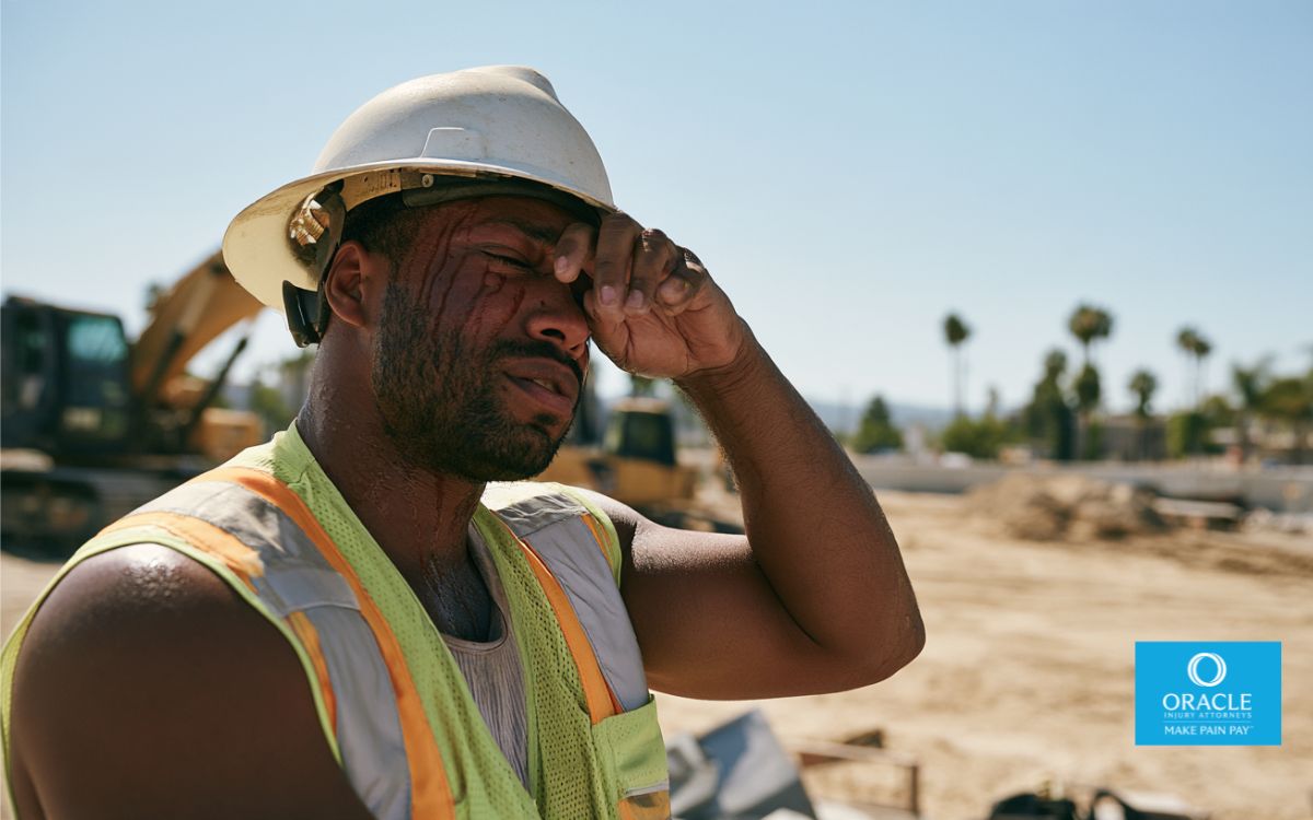 Un obrero de la construcción suda bajo un calor extremo en una obra en Inland Empire, California, lo que pone de relieve las enfermedades relacionadas con el calor en el lugar de trabajo y los derechos de indemnización laboral.