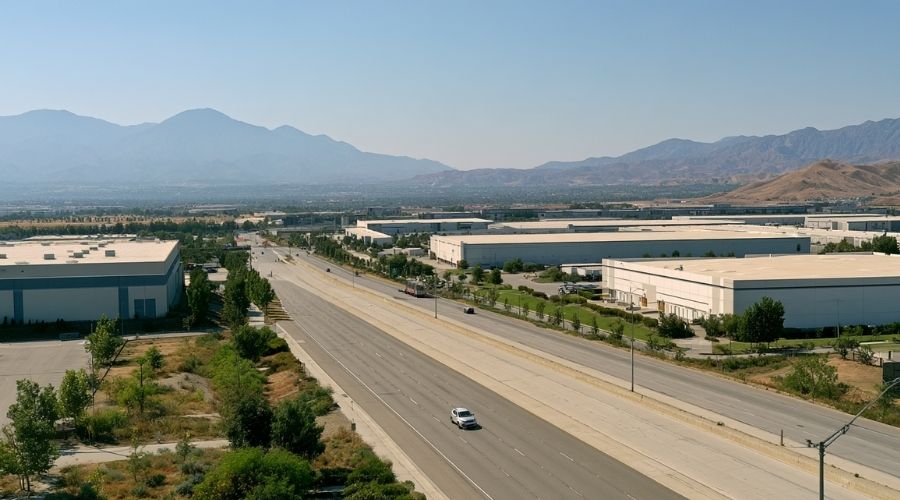 Inland Empire warehouse corridor heat illness California —aerial view of large warehouse rooftops along an Inland Empire freewaycorridor in summer heat