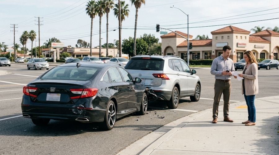 Fotografía realista de estilo editorial de una colisión por alcance en una concurrida carretera del condado de Orange, California, a plena luz del día, que muestra un sedán moderno detenido en una intersección con el parachoques trasero visiblemente dañado tras ser golpeado por otro vehículo. Ambos vehículos fueron apartados de forma segura hacia el arcén. Conductores de pie cerca comentando el incidente. Tráfico sutil al fondo. Palmeras y arquitectura del sur de California. Luz solar natural. Daños auténticos en los vehículos. Estilo de fotografía documental. Fotorrealista. Proporciones y texturas realistas. Sin heridos, sin sangre, sin texto, sin logotipos, sin efectos de choque exagerados. Imagen profesional para blogs legales. Composición horizontal amplia. Alto nivel de detalle.