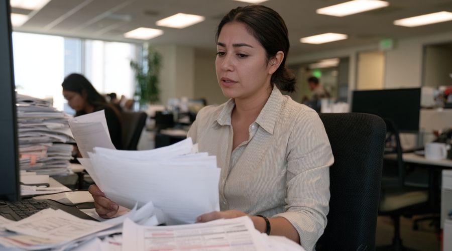 Empleado revisa nuevas advertencias de desempeño tras reportar una lesión en el lugar de trabajo.