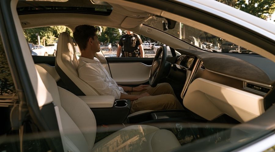 Tesla driver speaking with a police officer after a crash