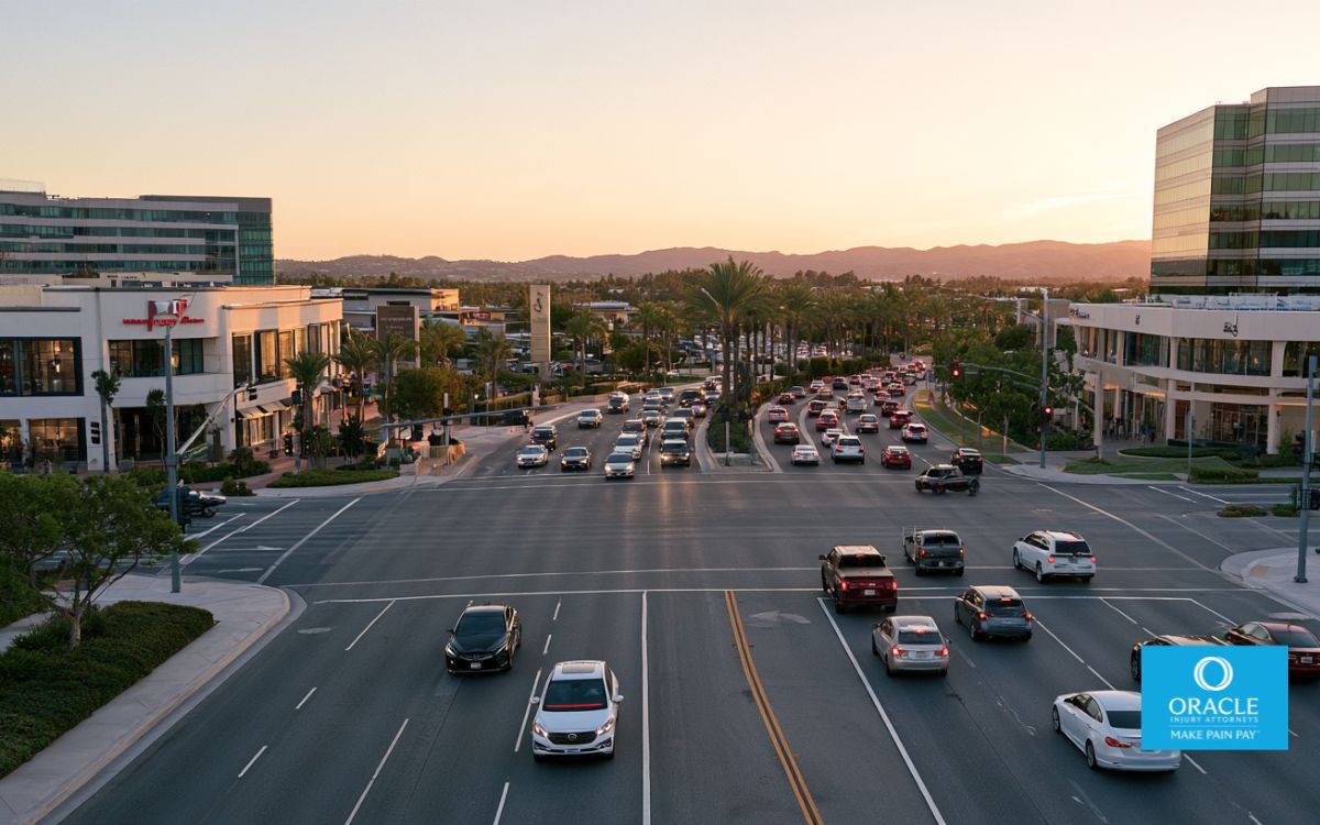 A wide shot of a busy Irvine parkway intersection at dusk or peak afternoon hour — multiple lanes, commercial signage visible, moderate-to-heavy traffic in all directions, no accident depicted. No faces clearly visible. Represents the high-volume Irvine traffic environment that produces the city's rising crash rate