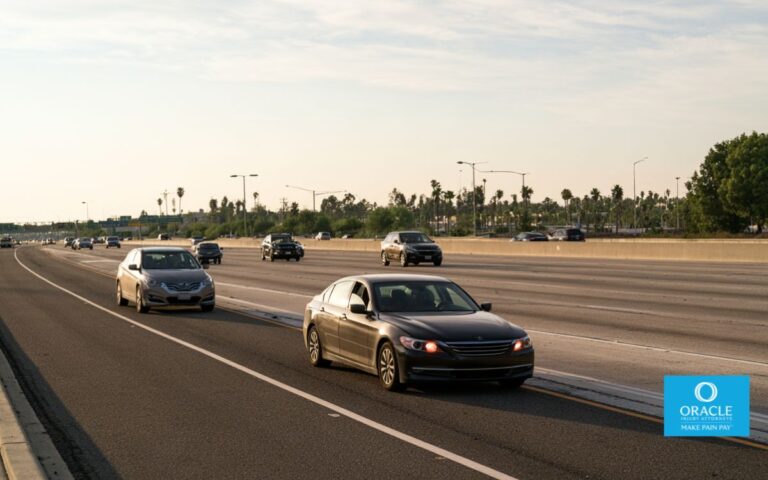 Tráfico en una autopista de California con un coche averiado en el arcén, lo que ilustra las nuevas leyes de tráfico de California que entrarán en vigor en 2026.
