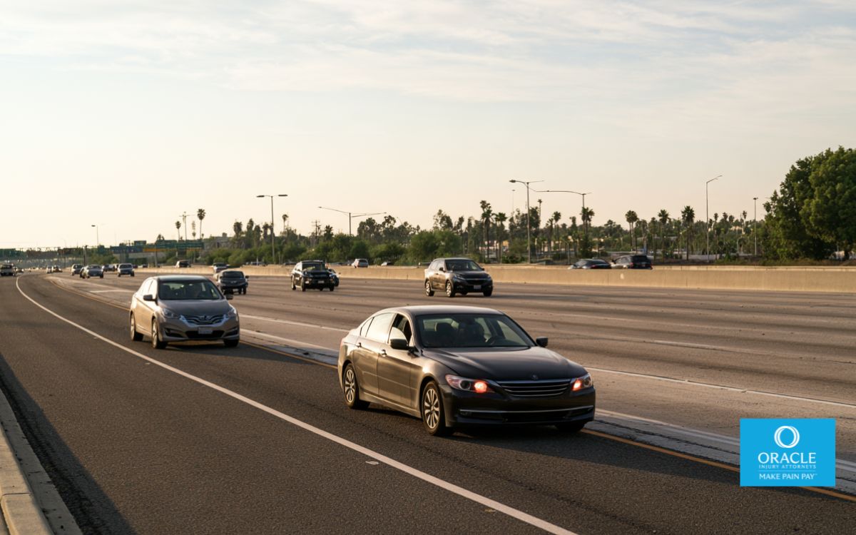 Tráfico en una autopista de California con un coche averiado en el arcén, lo que ilustra las nuevas leyes de tráfico de California que entrarán en vigor en 2026.