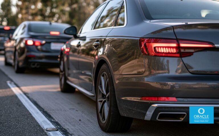 Choque por alcance en el Condado de Orange: ¿quién paga? — Dos autos se detuvieron en el arcén de una autopista del Condado de Orange después de una colisión por alcance con las luces de emergencia encendidas.