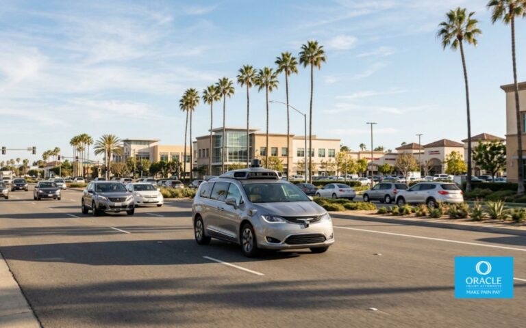 Robotaxi autónomo circulando por una carretera del condado de Orange, California.