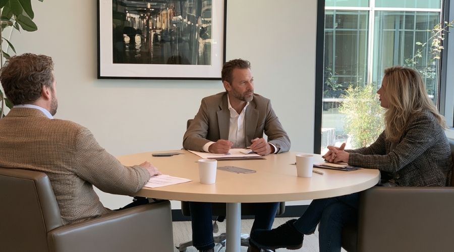 Personal Injury Settlement Timeline: How Long Does It Take? 3 personal injury mediation California — three people at a
round conference table during a personal injury mediation session