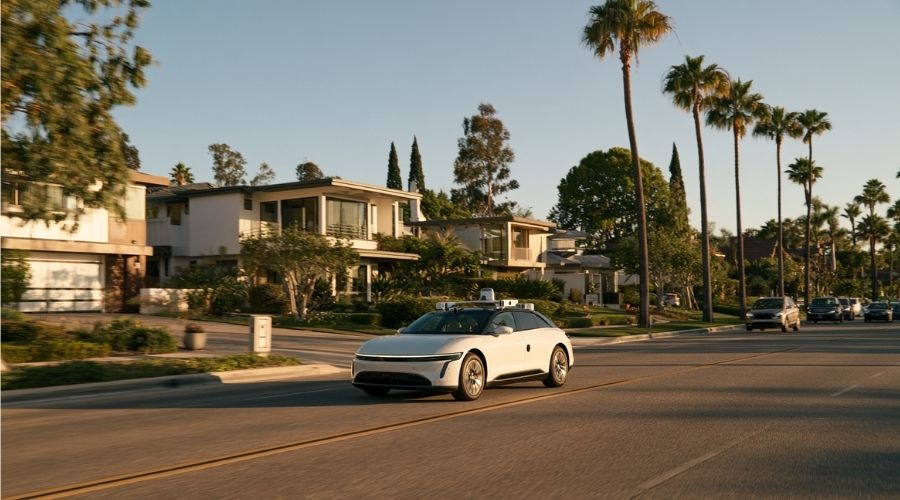 Autonomous robotaxi driving through an Orange County neighborhood