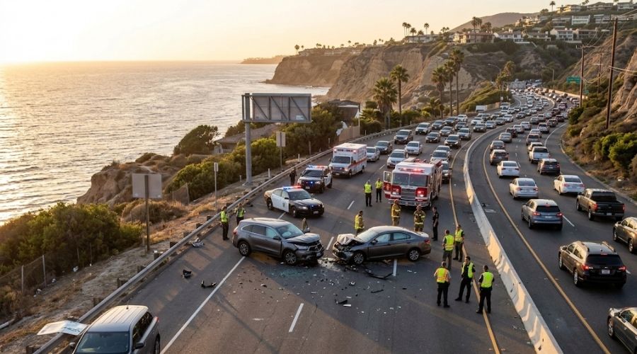 Serious multi-vehicle collision on Pacific Coast Highway in Newport Beach, with emergency responders, heavy traffic, and the Pacific Ocean visible in the background.