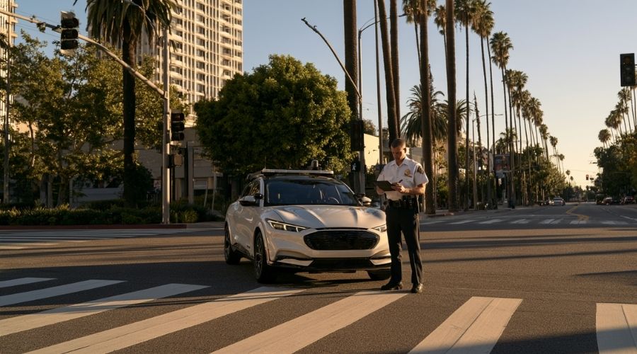 California officer documenting a traffic violation involving a robotaxi