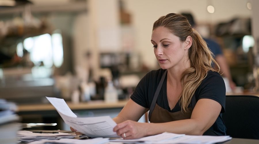 Trabajador de restaurante revisando una reclamación de indemnización laboral y fecha límite importante