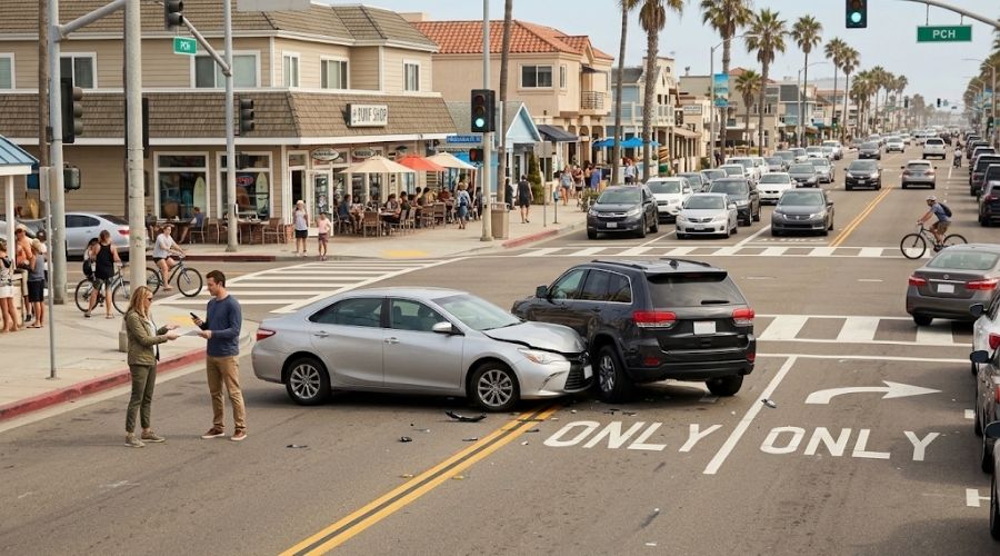 Escena de un accidente de tráfico en una concurrida calle de Huntington Beach.