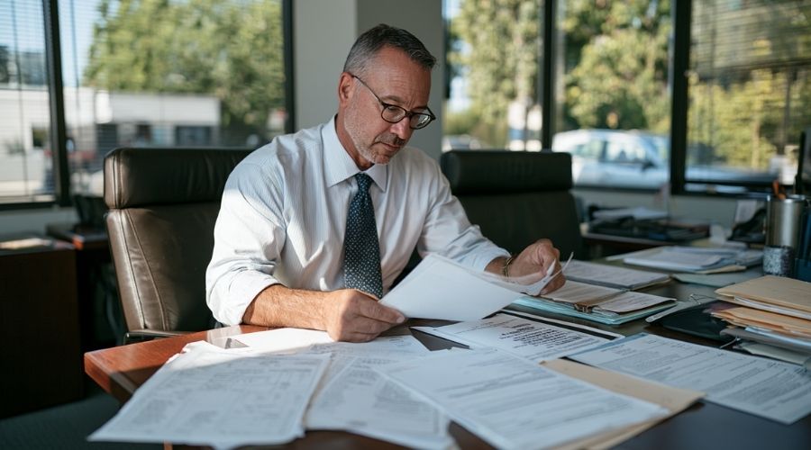 Abogado revisando pruebas para un caso de represalias por compensación laboral en California