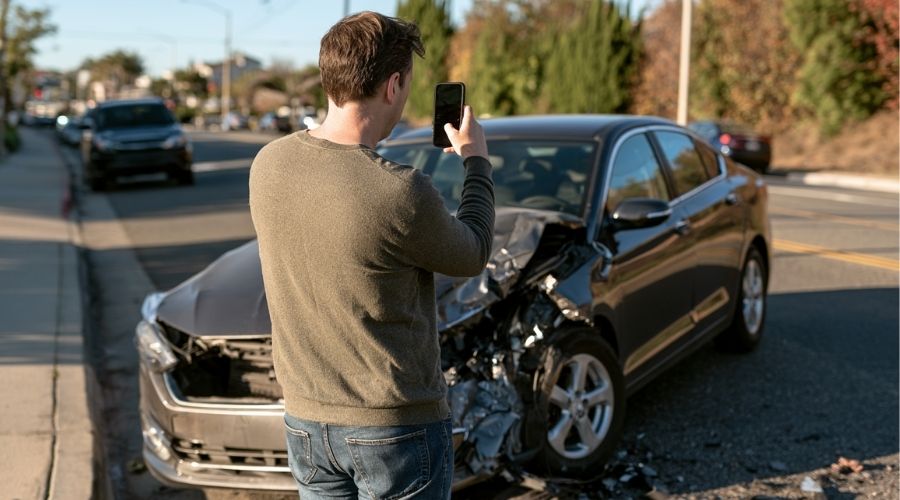 what to do after Newport Beach car accident — driverphotographing vehicle damage after a collision on a Newport Beach road