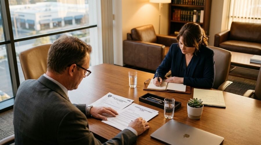 Irvine Car Accident Claims: What Local Drivers Should Know 3 A calm attorney-client consultation: two people at a
conference table, one reviewing an Irvine police report
and a settlement offer letter, the other taking notes.
Warm office lighting, no faces clearly identifiable.