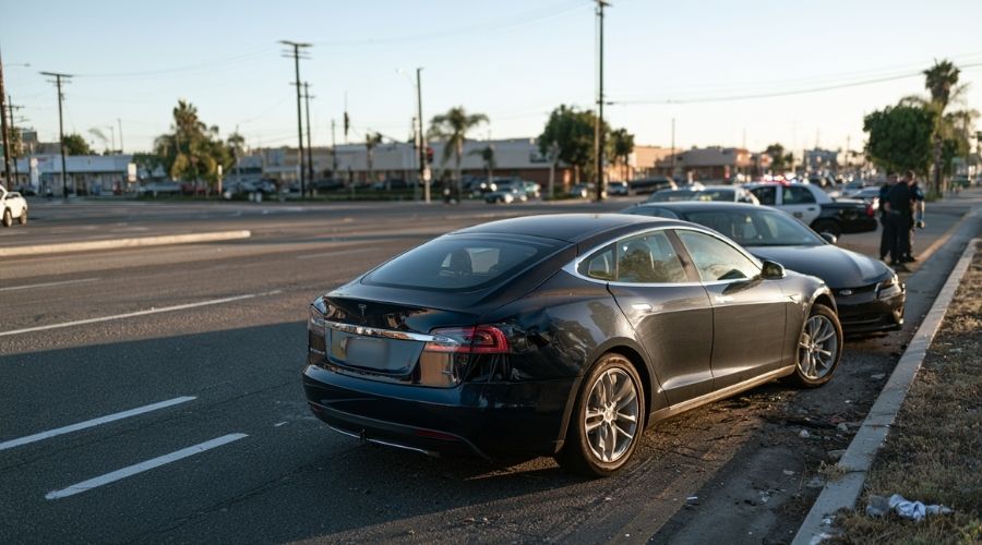 Tesla after a crash on a Southern California roadway