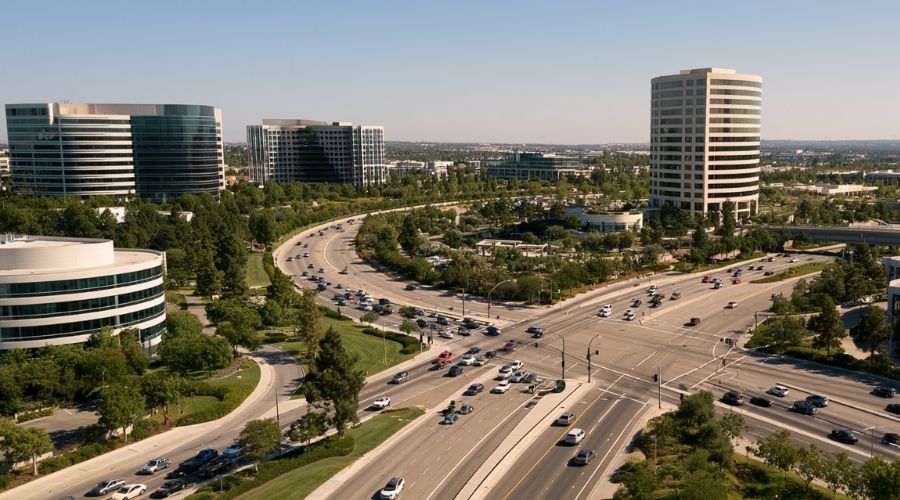 Irvine Car Accident Claims: What Local Drivers Should Know 1 Ultra-realistic aerial editorial photograph of Irvine, California during weekday afternoon traffic, broad planned roads, dense vehicle flow, major intersections and freeway connectors, modern office buildings and landscaped commercial areas visible in the distance, subtle sense of traffic congestion and complex merging patterns, warm Southern California daylight, realistic traffic density, professional urban documentary photography, high detail, natural colors, no dramatic exaggeration, no text, 16:9.