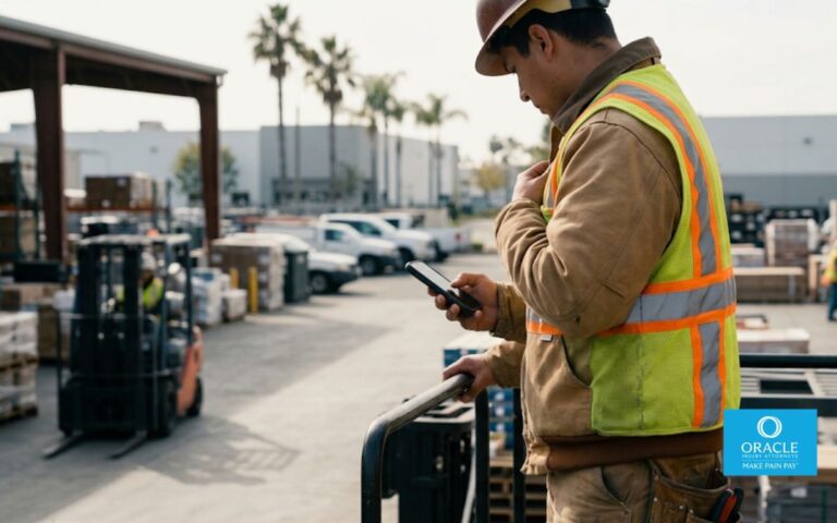 workers comp attorney Orange County when to call — injured worker looking at phone after a workplace injury in Orange County