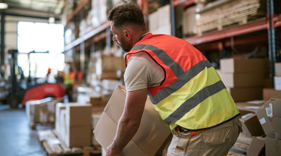 back injury warehouse Inland Empire California — warehouseworker lifting heavy box from low shelf in an Inland Empiredistribution center