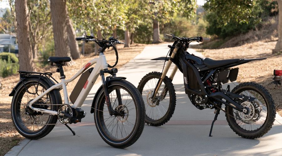 E-Bike Accident in Orange County? Know Your Rights 1 Pedal-equipped electric bicycle beside a heavier electric motorcycle-style vehicle.