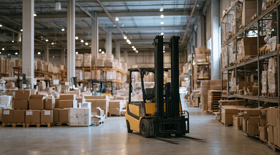 forklift injury third party claim Inland Empire California —forklift with raised mast in a warehouse corridor representingequipment defect third-party liability