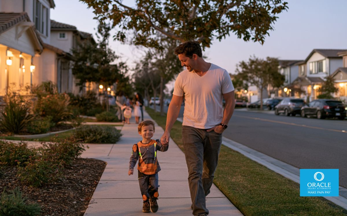 Parent walking with a child in a reflective Halloween costume on an Orange County residential sidewalk at dusk.