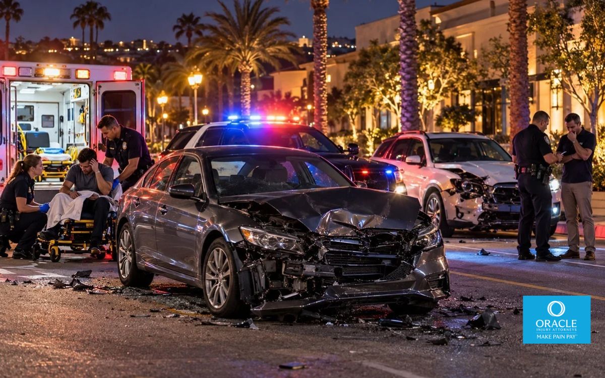 Vehículos dañados en una intersección del condado de Orange tras un presunto accidente por conducir bajo los efectos del alcohol.