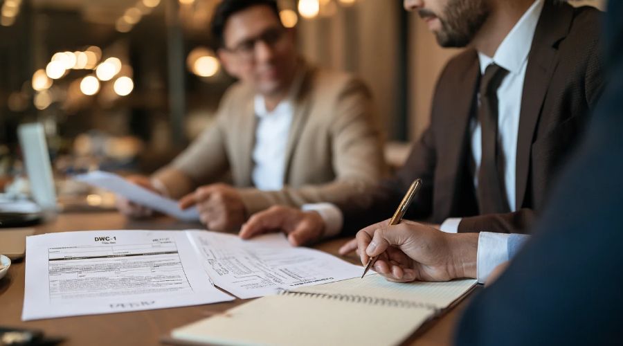 Inland Empire warehouse injury attorney — attorney andclient reviewing workers comp claim form and AB 701 quota documentat a conference table
