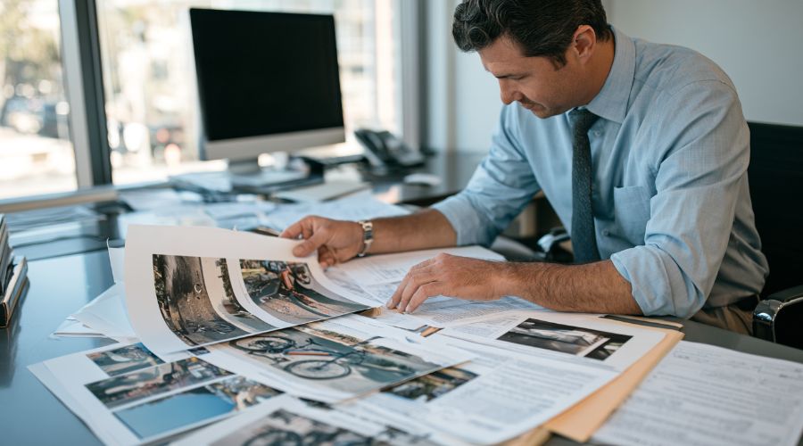E-Bike Accident in Orange County? Know Your Rights 3 Personal injury attorney reviewing e-bike accident photographs and insurance documents.