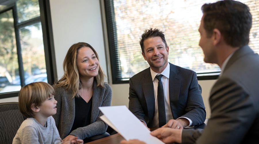 Parent discussing a child's pedestrian accident with an attorney in a California law office.