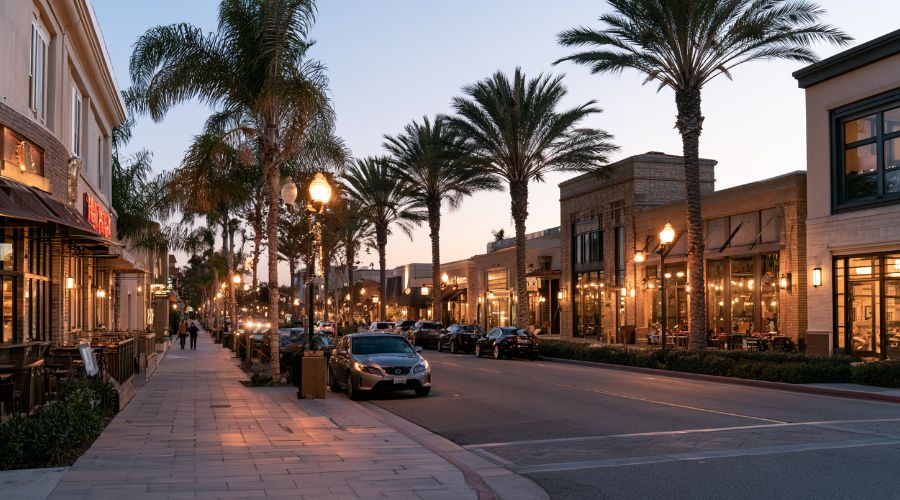 Restaurant-lined street in Orange County, California, illustrating questions about alcohol service liability