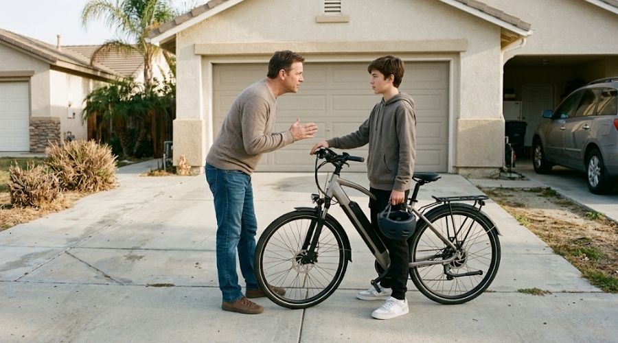 Atropellado por un adolescente en bicicleta eléctrica en el condado de Orange: ¿Quién es el responsable? 2 Un padre y su hijo adolescente conversan sobre la seguridad de las bicicletas eléctricas en la entrada de una casa.